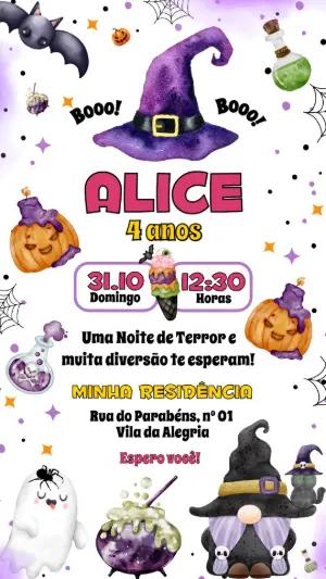 Convite de Aniversário Halloween Fofo Aquarela para Editar