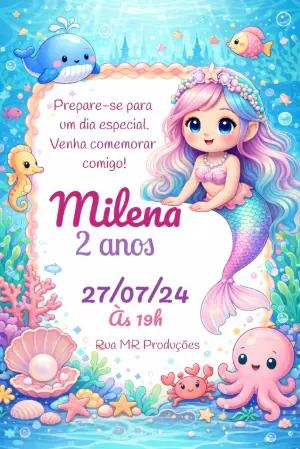 Convite de Aniversário Sereia Fofa Fundo do Mar Editável