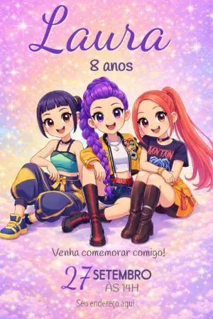 Convite de Aniversário K-pop Meninas Modelo Editável