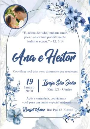 Convite de Casamento Floral Azul Aquarela para Editar
