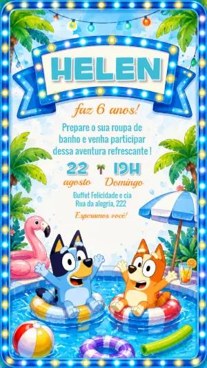 Convite de Aniversário Bluey Festa na Piscina Editável