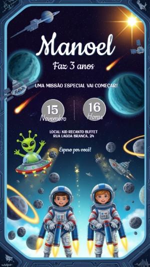 Convite Aniversário Astronauta no Espaço para Editar Online