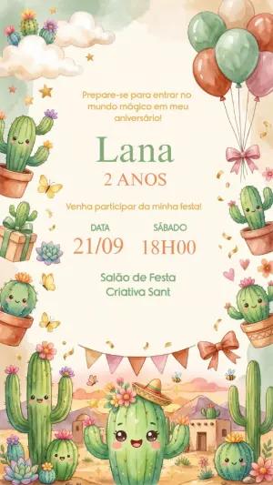 Convite de Aniversário Cacto Fofo em Aquarela para Editar