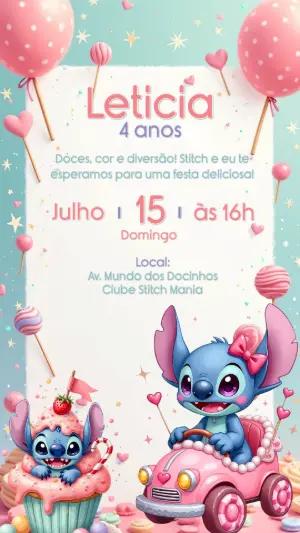 Convite de Aniversário Stitch Rosa e Doce para Editar Online
