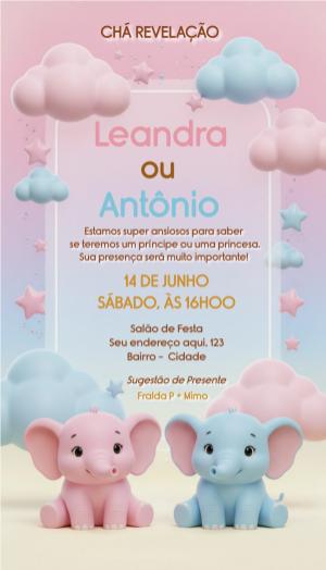 Convite Chá Revelação Elefantinhos Rosa e Azul Editável