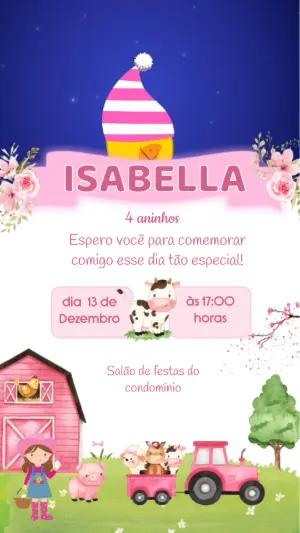 Convite Animado Aniversário Fazendinha Rosa para Editar Online