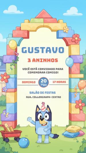 Convite de Aniversário Infantil Tema Bluey Editável