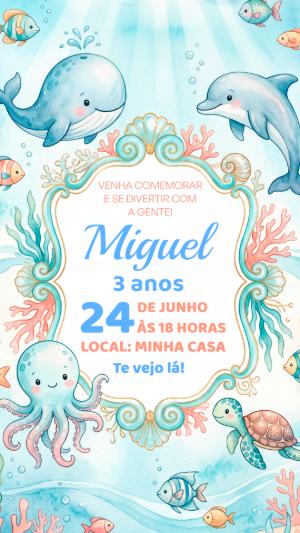 Convite de Aniversário Fundo do Mar Aquarela Editável