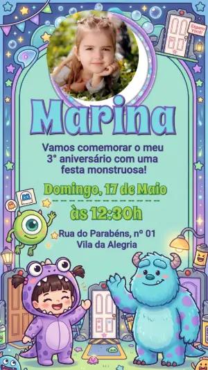 Convite Infantil Monstros S.A. com Foto para Editar