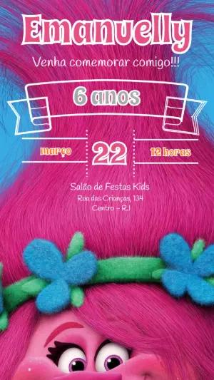 Convite de Aniversário Trolls Poppy Rosa Modelo Editável