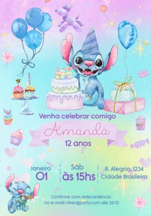 Convite de Aniversário Stitch Aquarela Fofo para Editar Online