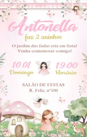 Convite de Aniversário Jardim das Fadas Rosa Editável