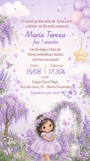 Convite de Aniversário Jardim Encantado Lilás Editável