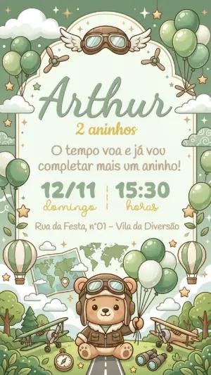 Convite de Aniversário Ursinho Aviador Fofo para Editar