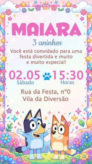 Convite de Aniversário Bluey Colorido para Editar e Enviar