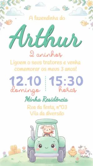 Convite de Aniversário Fazendinha com Trator Editável
