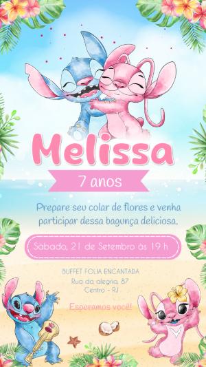 Convite de Aniversário Stitch e Angel Tropical Editável