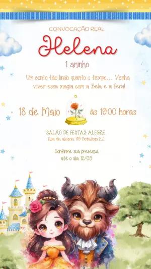 Convite de Aniversário A Bela e a Fera Fofo para Editar