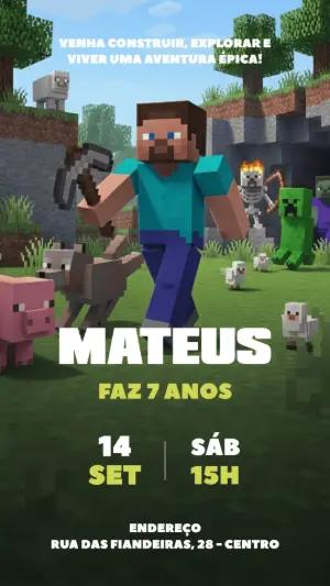Convite de Aniversário Minecraft com Personagens para Editar Online