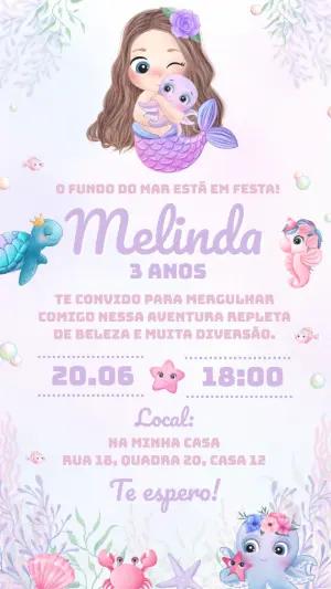 Convite de Aniversário Sereia Fofa Fundo do Mar para Editar