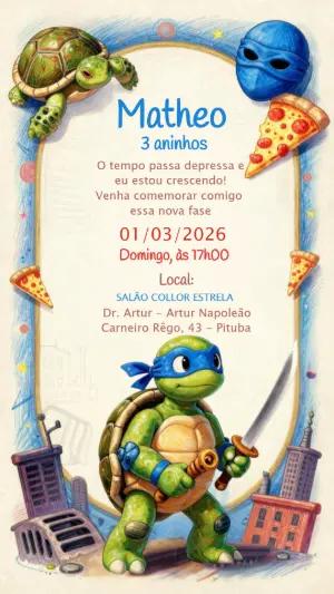 Convite Animado Tartarugas Ninja para Aniversário Infantil Editável