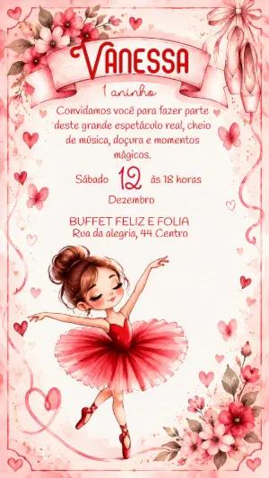 Convite Aniversário Princesa Bailarina Rosa Editável