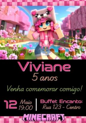 Convite Aniversário Minecraft Menina Rosa Editável