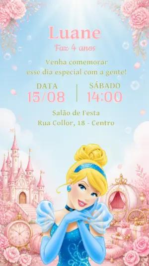 Convite de Aniversário Cinderela Princesa Editável