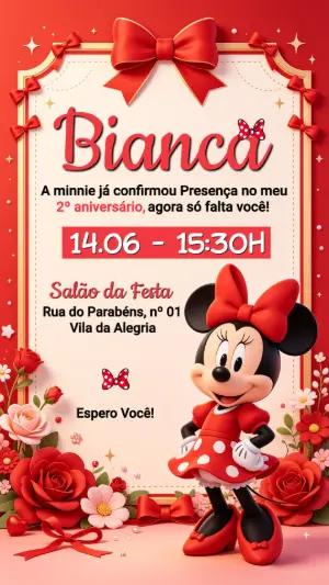 Convite de Aniversário Infantil Minnie Vermelha Editável