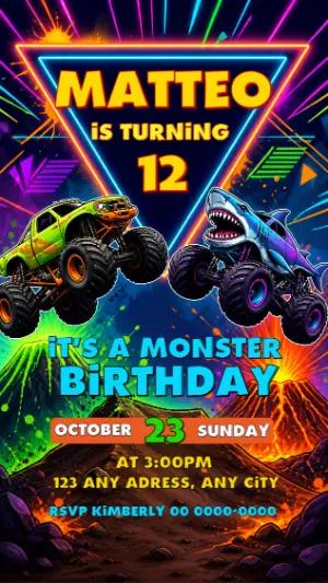 Neon Monster Truck Birthday Invitation | Editable Template