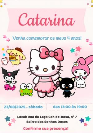 Convite de Aniversário Hello Kitty e Amigos para Editar Online