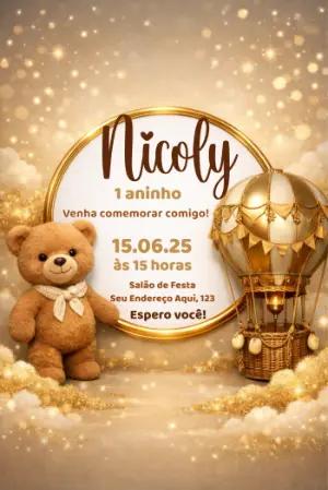 Convite de Aniversário Ursinho no Balão Dourado Editável