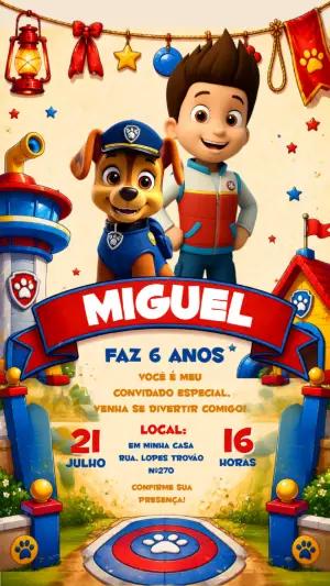 Convite de Aniversário Patrulha Canina Colorido para Editar