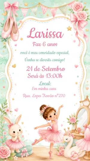 Convite de Aniversário Bailarina Aquarela Rosa Editável