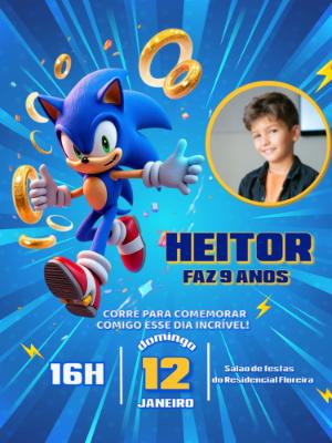 Convite de Aniversário Sonic com Foto para Editar Online