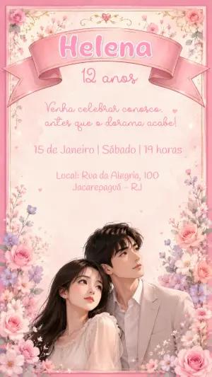 Convite de Aniversário Dorama Romântico Editável