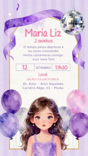 Convite Aniversário Infantil Discoteca Lilás para Editar