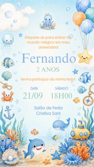 Convite de Aniversário Fundo do Mar Aquarela Editável
