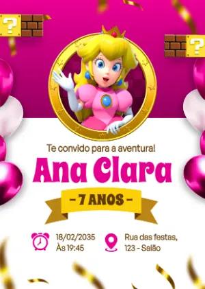 Convite de Aniversário Princesa Peach Super Mario Editável