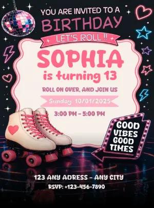 Neon Roller Skate Birthday Party Editable Template