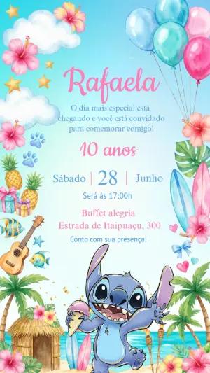 Convite Digital Aniversário Stitch Tropical Havaiano Editável