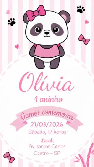 Convite de Aniversário Digital Tema Panda Rosa para Editar