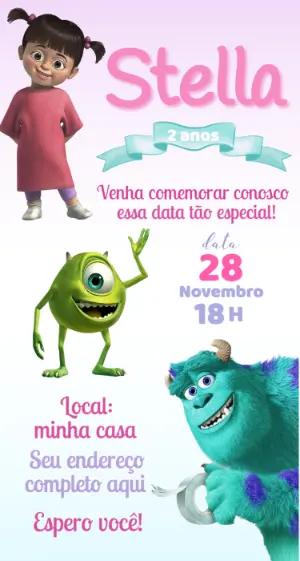 Convite de Aniversário Monstros S.A. Menina Editável