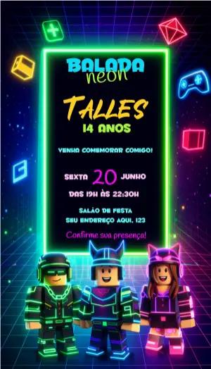 Convite de Aniversário Gamer Neon Editável para Festa
