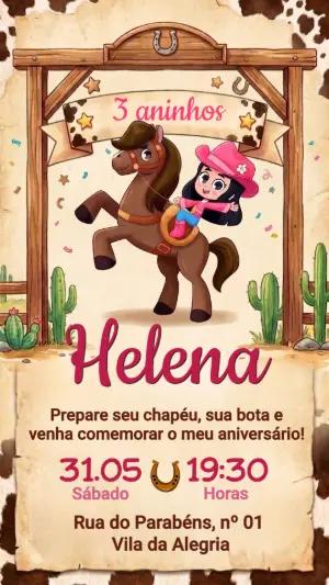Convite de Aniversário Cowgirl Infantil Editável