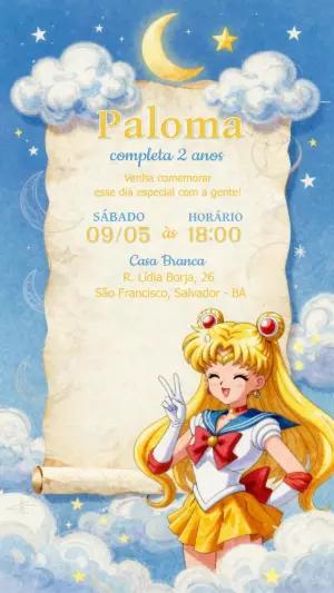Convite de Aniversário Sailor Moon Editável com Céu Estrelado