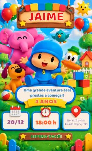 Convite de Aniversário Pocoyo Colorido para Editar