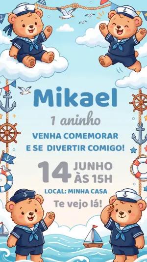 Convite de Aniversário Ursinho Marinheiro Editável