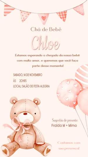 Convite Chá de Bebê Menina Ursinho Aquarela para Editar