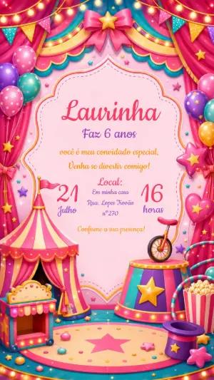 Convite Digital Aniversário Tema Circo Rosa Editável
